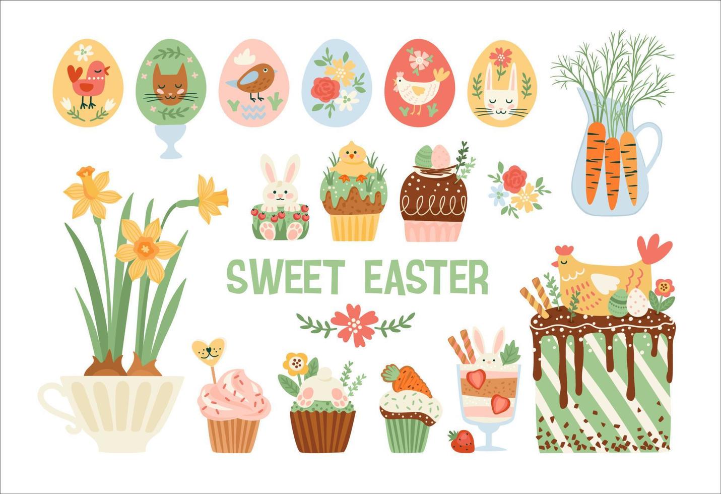 Pascua de Resurrección aislado ilustraciones. magdalena, pastel, postre con Pascua de Resurrección simbolos vector diseño plantillas.