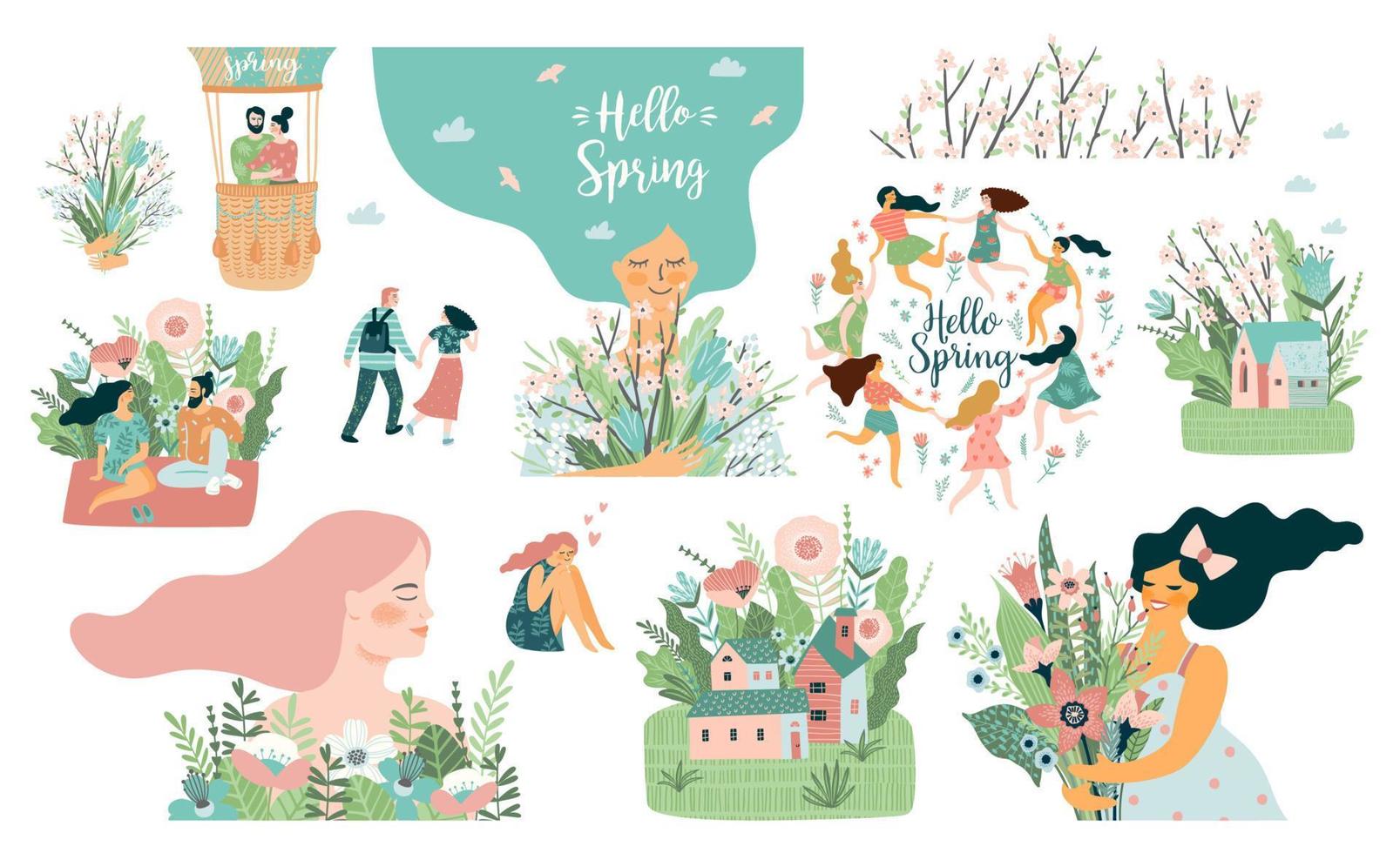 Set of cute illustrations with people and spring nature. Spring, bloom, love, relationship. Vector design.