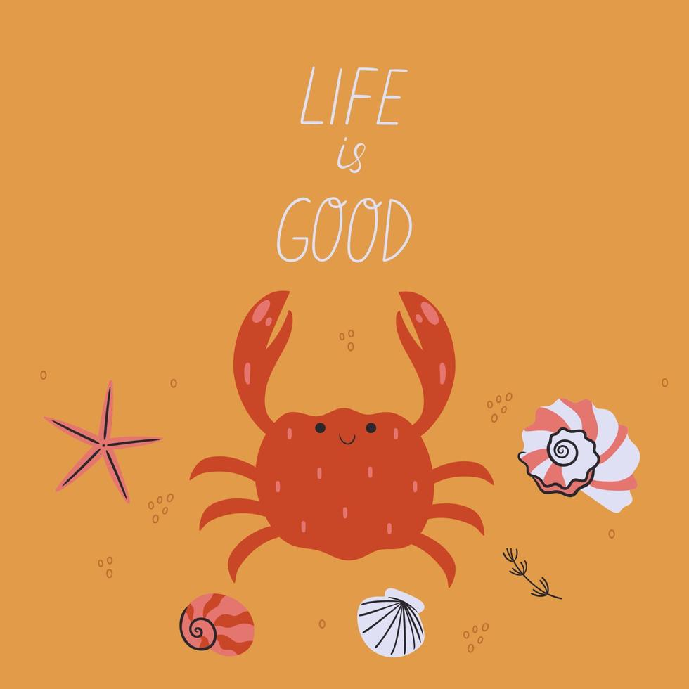 Nautical card with cute crab and shells. Vector graphics.