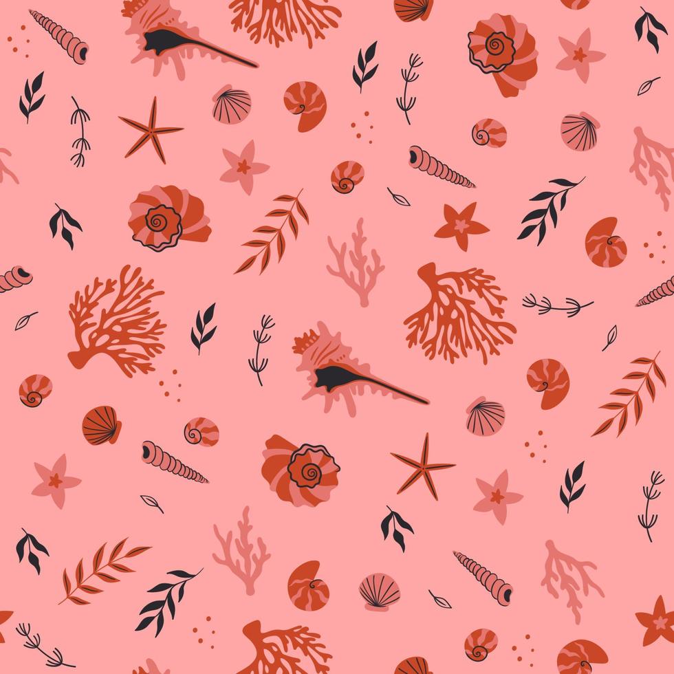 Seamless pattern with corals, seashells, algae. Vector graphics.