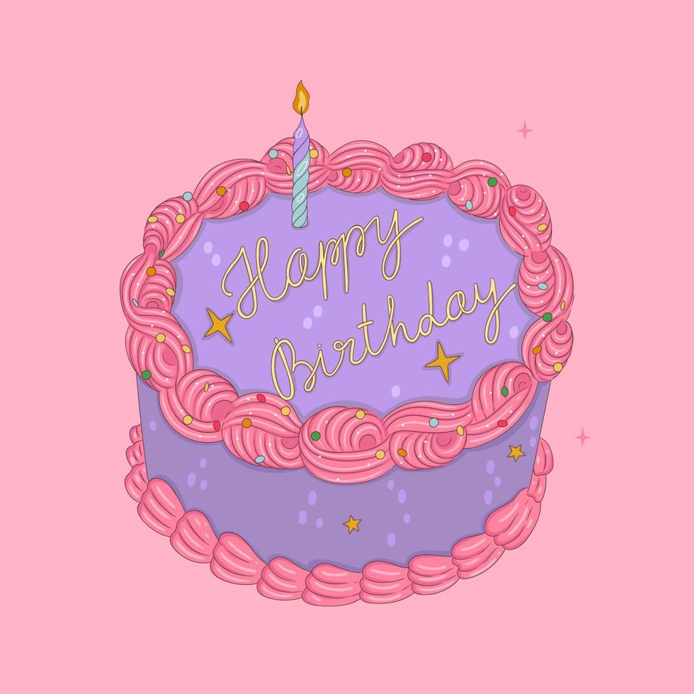 Birthday cake in pink and purple colors. Vector graphics.