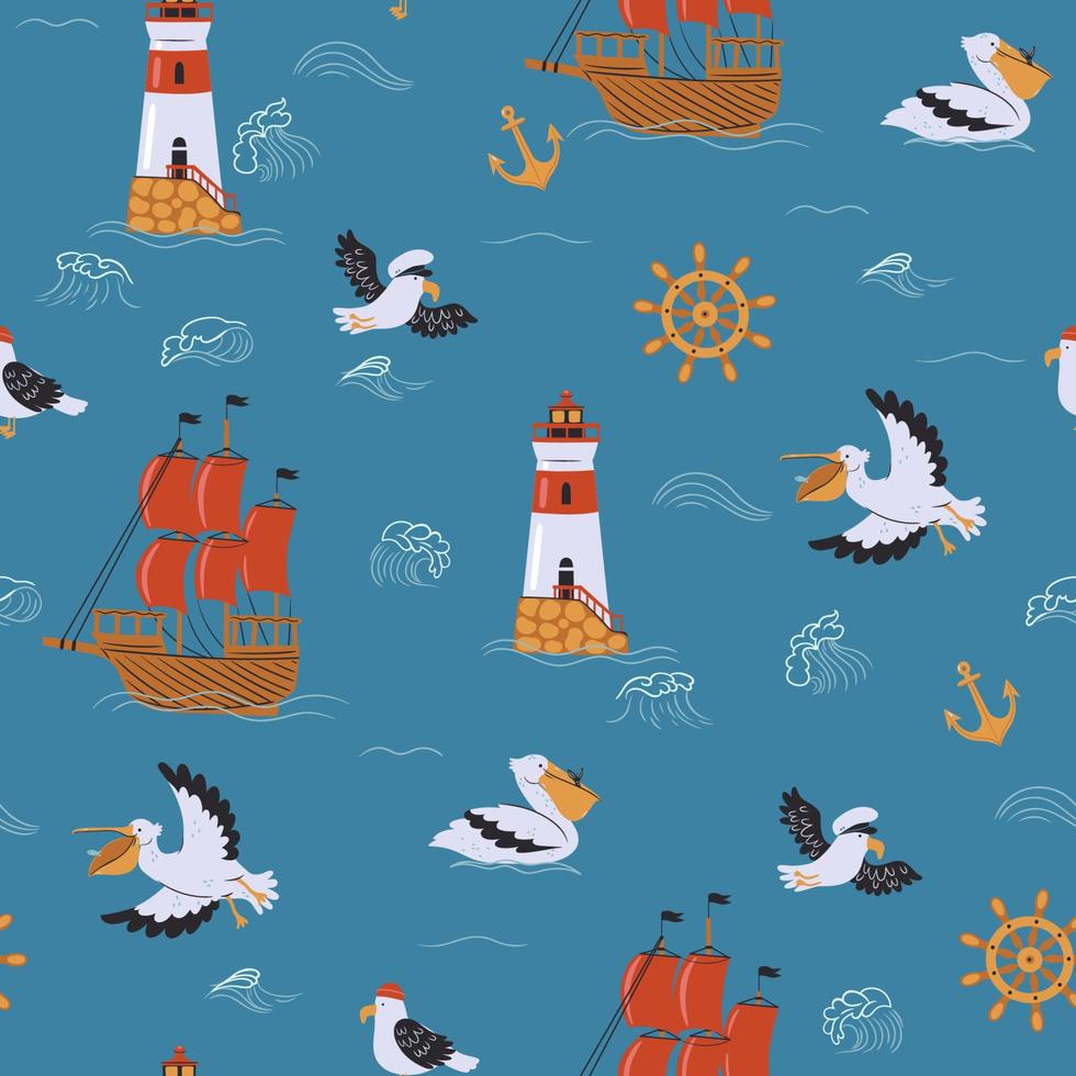 Seamless pattern with sea birds, ships and lighthouses. Vector graphics.