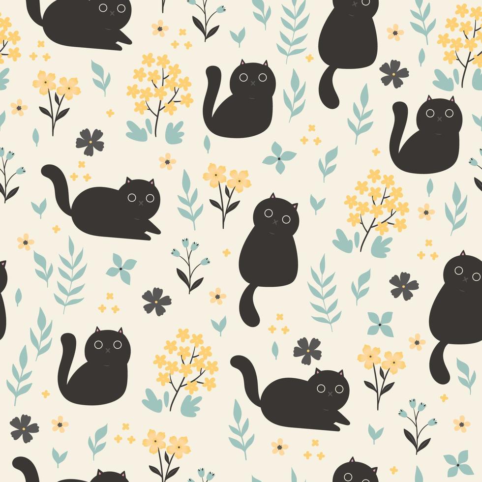 Seamless pattern with cute black cats and flowers. Vector graphics.