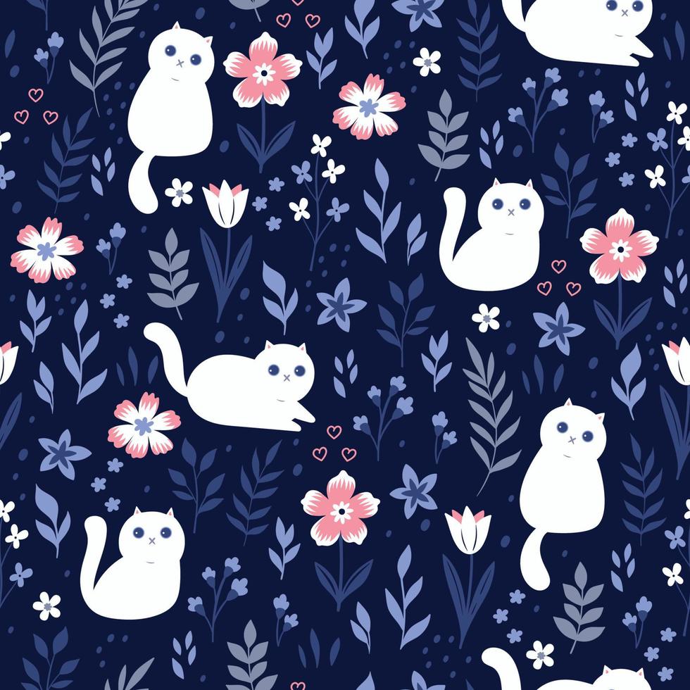 Seamless pattern with  cute white cats and flowers. Vector graphics.