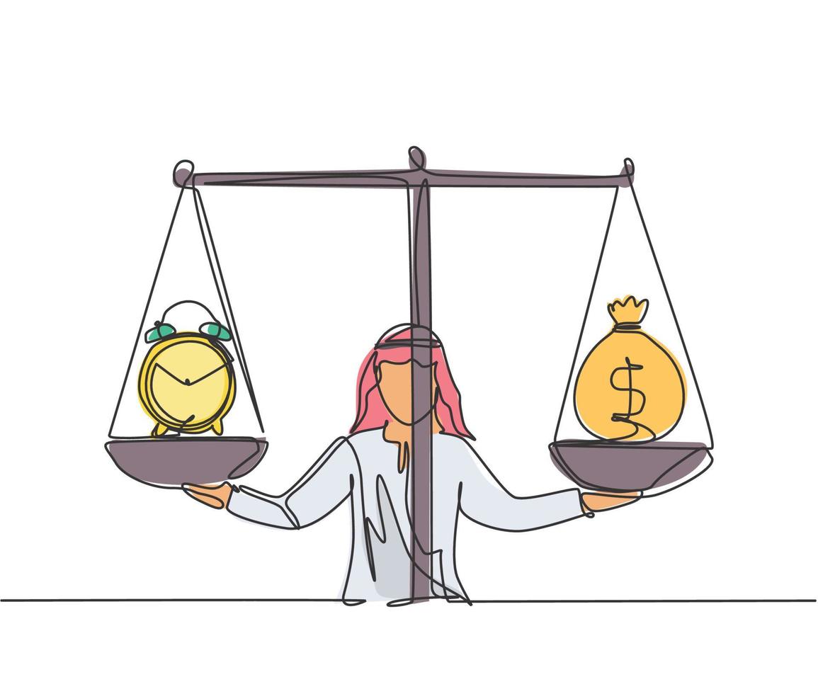 dibujo de una sola línea del joven empresario árabe peso bolsa de dinero y reloj con escala. concepto de plazo de negocio de metáfora de minimalismo. Ilustración de vector gráfico de diseño de dibujo de línea continua.