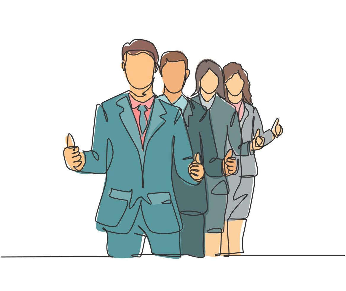 Single line drawing group of line up young happy businessmen standing up together and giving thumbs up gesture. Business teamwork concept. Continuous line draw design vector illustration