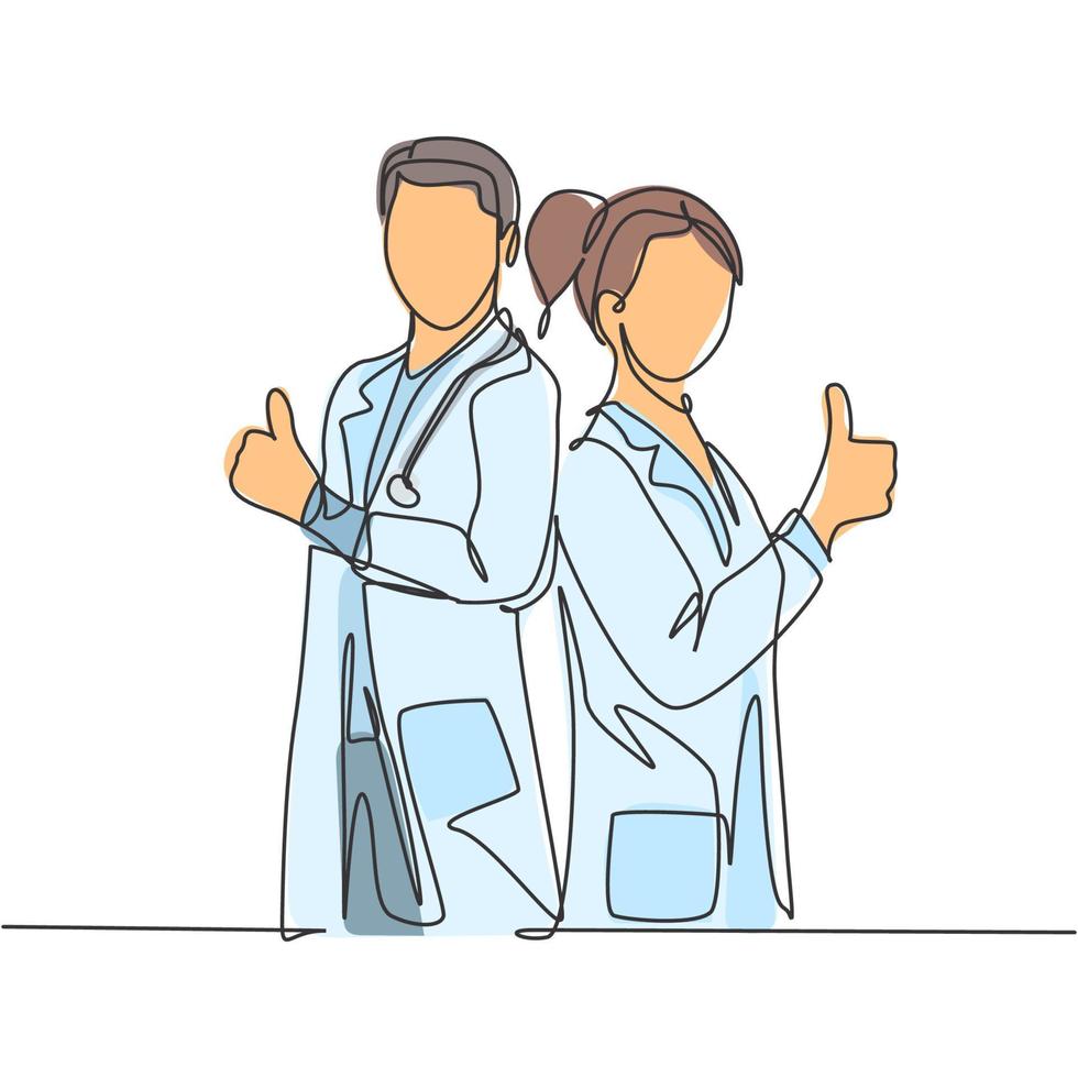 Single line drawing of young happy couple male and female doctor standing together and giving thumbs up gesture. Medical healthcare teamwork concept. Continuous line draw design vector illustration