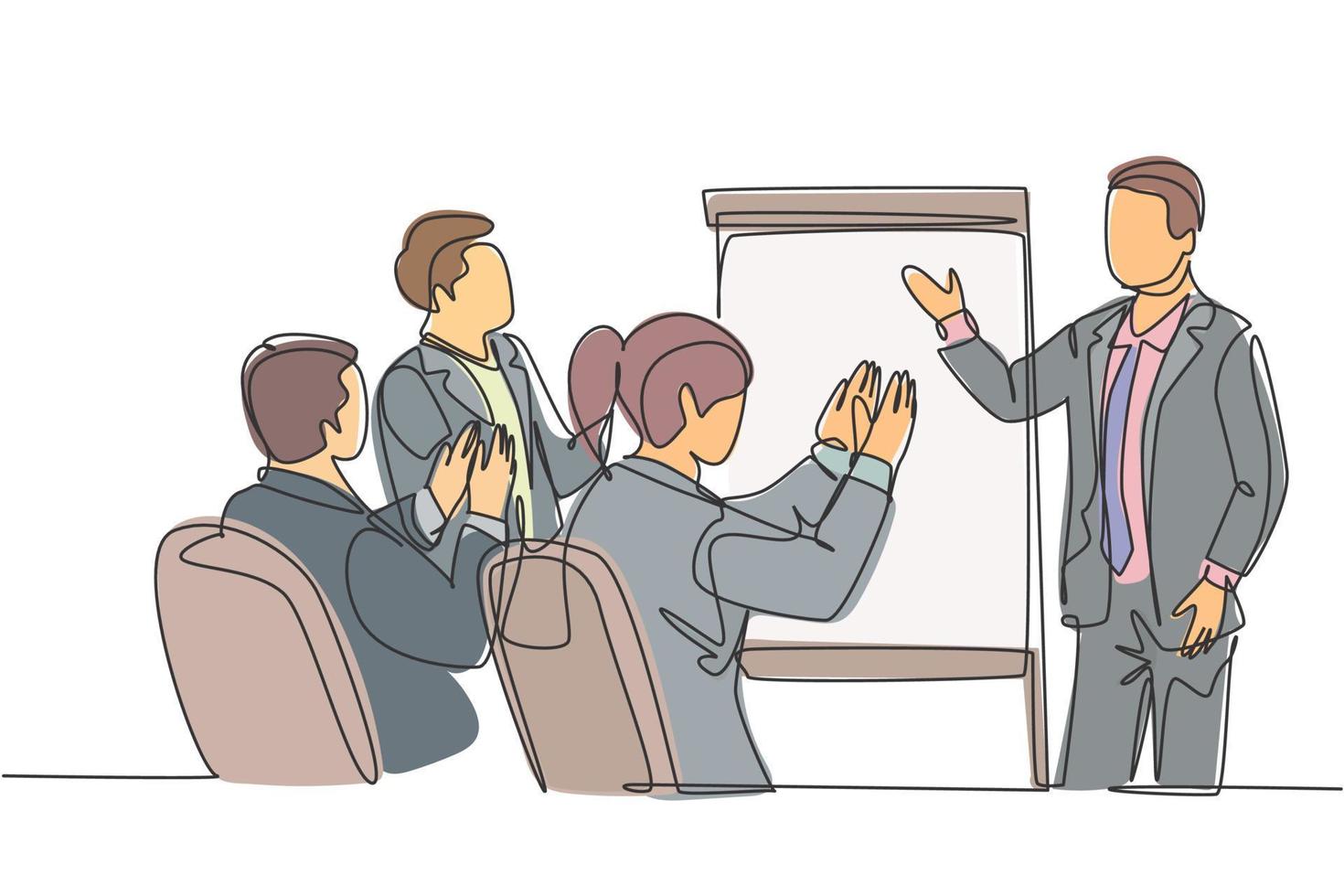 Single continuous line drawing of young happy startup founder presenting business proposal to the investors and get applause. Business pitching concept one line draw design graphic vector illustration