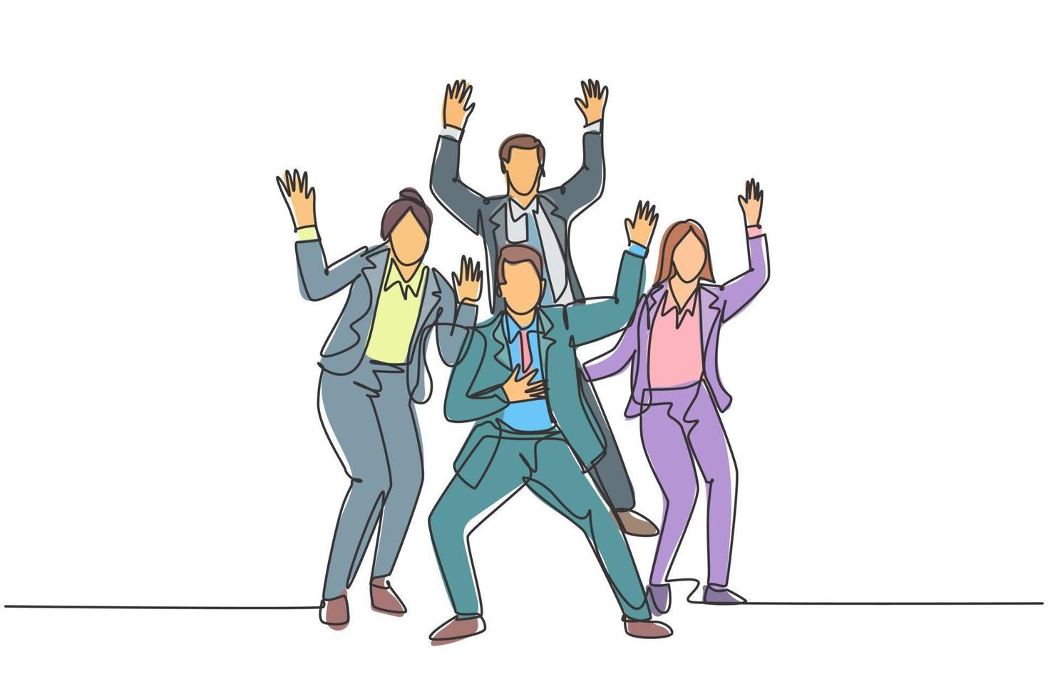 Single continuous line drawing of young happy male and female trainer prancing with joy at the seminar room together. Business teamwork celebration concept one line draw design vector illustration
