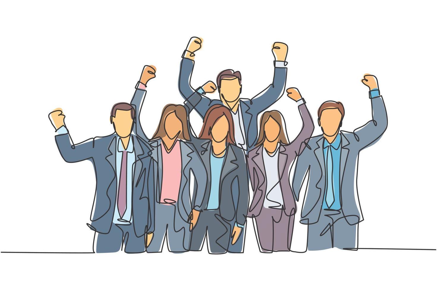One single line drawing of young happy male and female manager open and raise their hands together. Trendy business teamwork celebration concept continuous line graphic draw design vector illustration