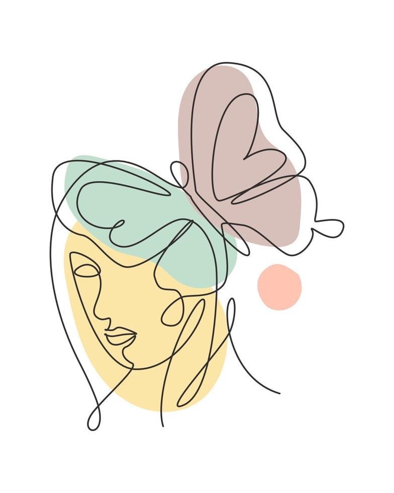 One single line drawing woman with butterfly line art vector illustration. Female abstract face butterfly botany portrait minimalistic print style concept. Modern continuous line draw graphic design