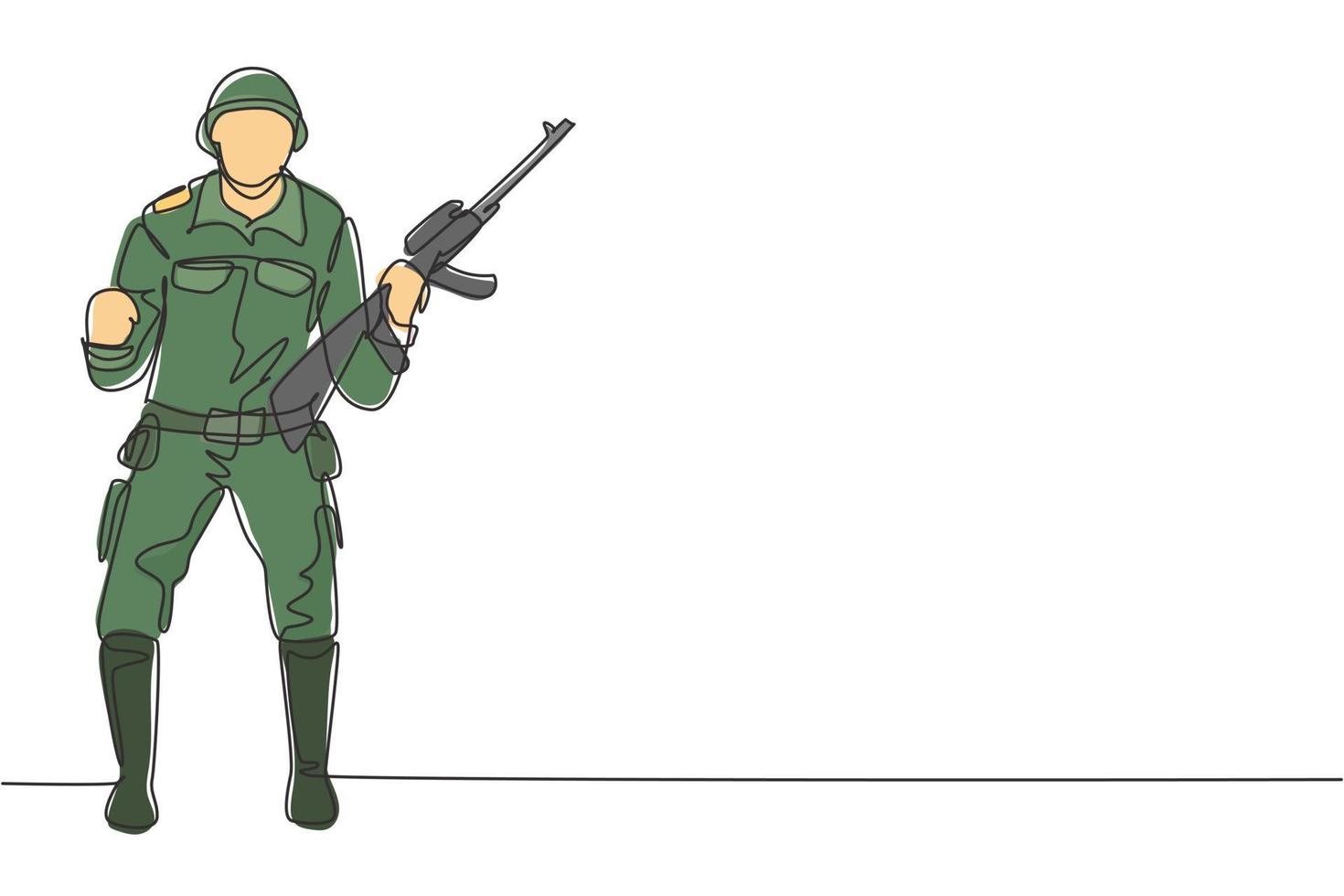 Un soldado de dibujo continuo de una línea se para con arma, uniforme completo y celebra el gesto de servir al país con la fuerza de las fuerzas militares. Ilustración gráfica de vector de diseño de dibujo de una sola línea