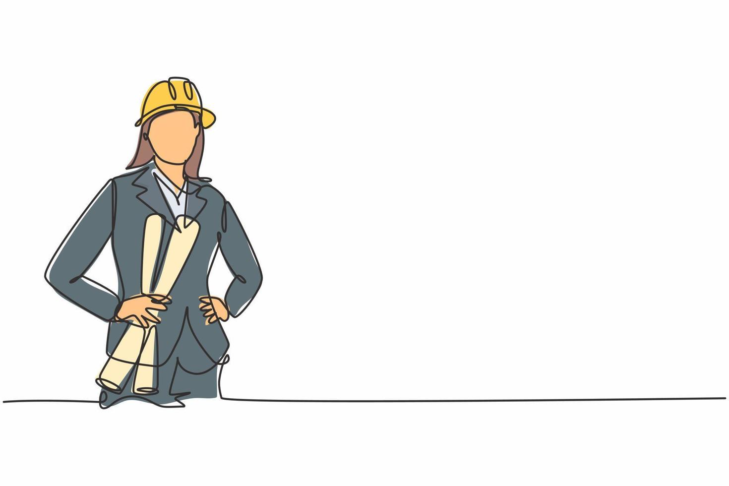 Single continuous line drawing of young beautiful female architect on