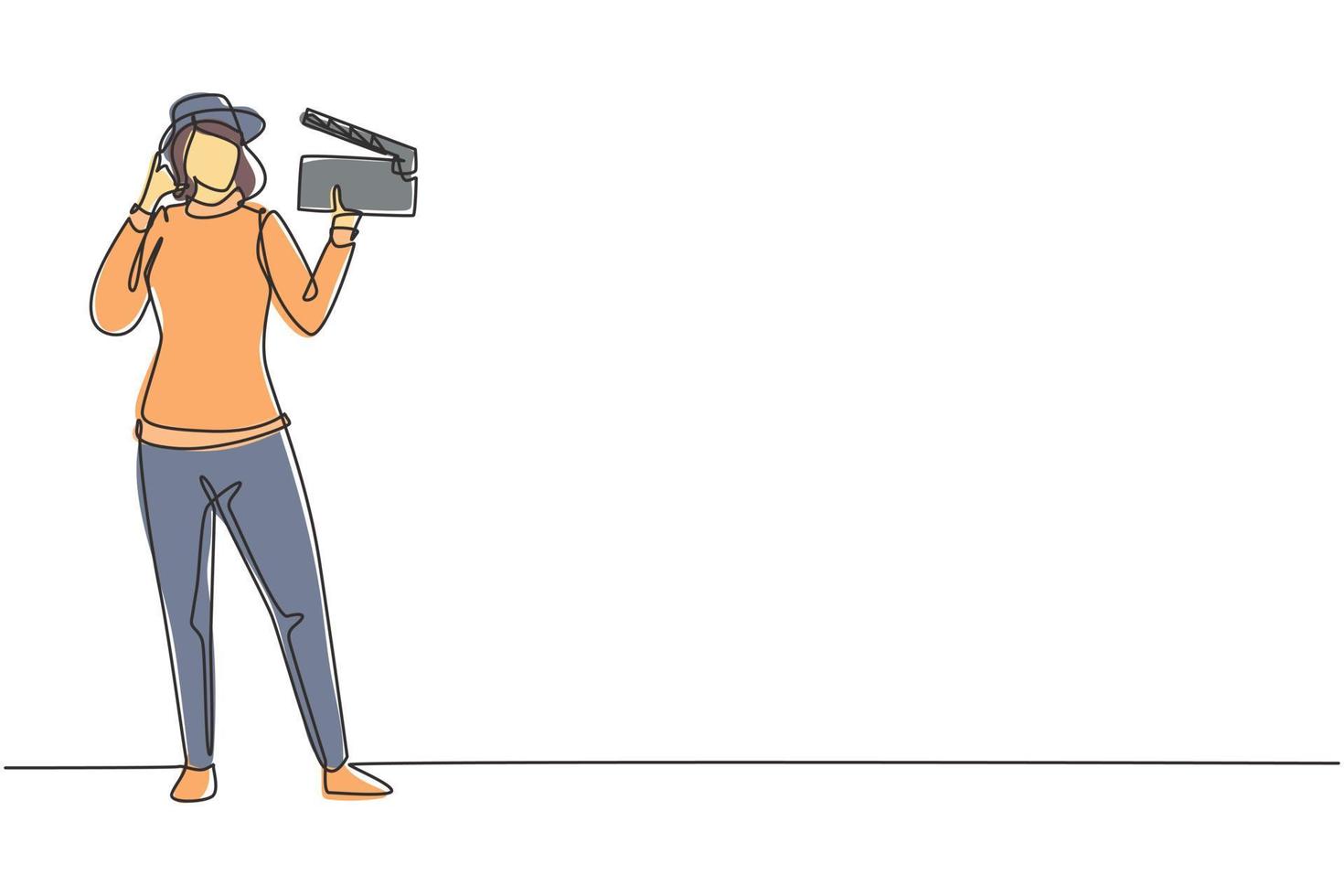 Single one line drawing female film director stands with call me gesture holding clapperboard and prepare camera crew for shooting at studio. Continuous line draw design graphic vector illustration