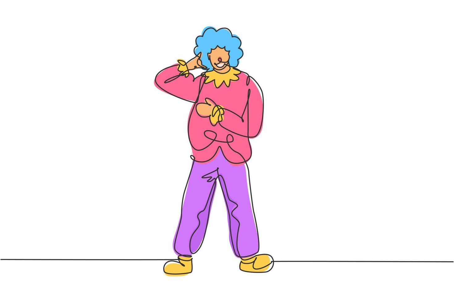 Single one line drawing clown stands with call me gesture wearing wig and clown costume ready to entertain audience in the circus arena. Modern continuous line draw design graphic vector illustration