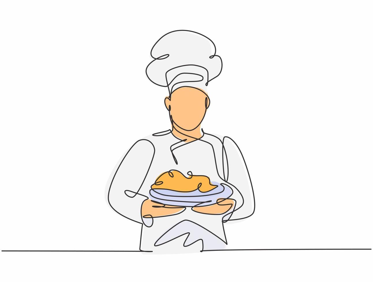 Continuous one line drawing of young handsome man chef in uniform serving main dish to customer at hotel restaurant. Healthy organic food concept single line draw graphic design vector illustration