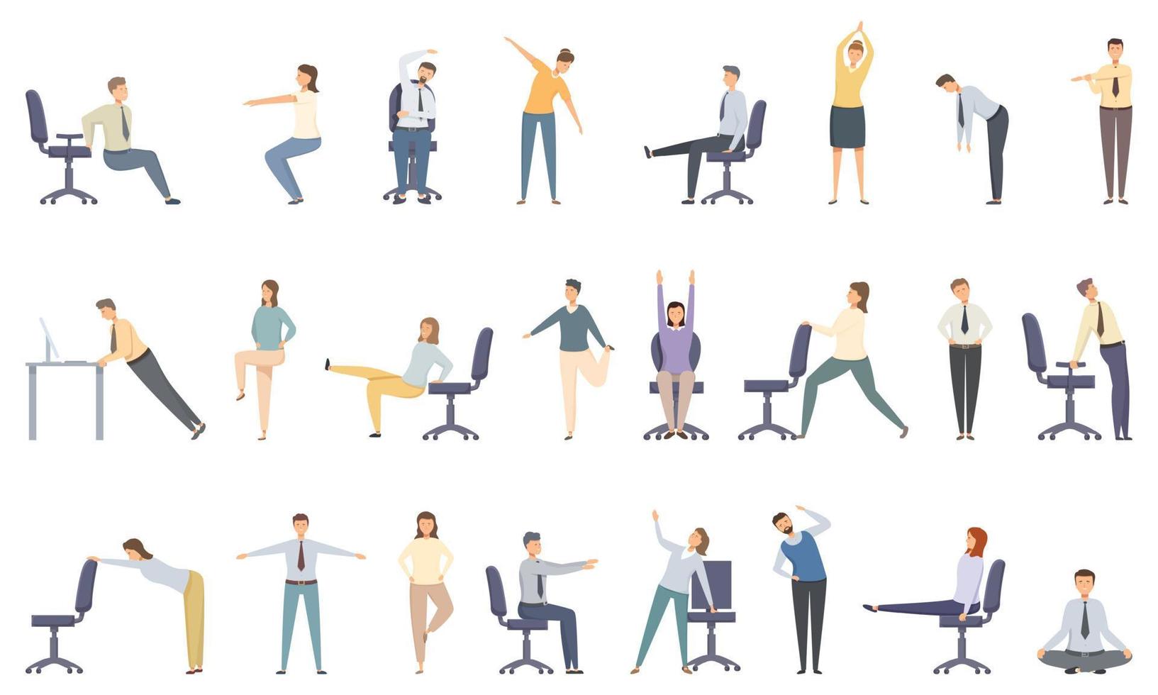 Office workout icons set cartoon vector. Ergonomic break vector