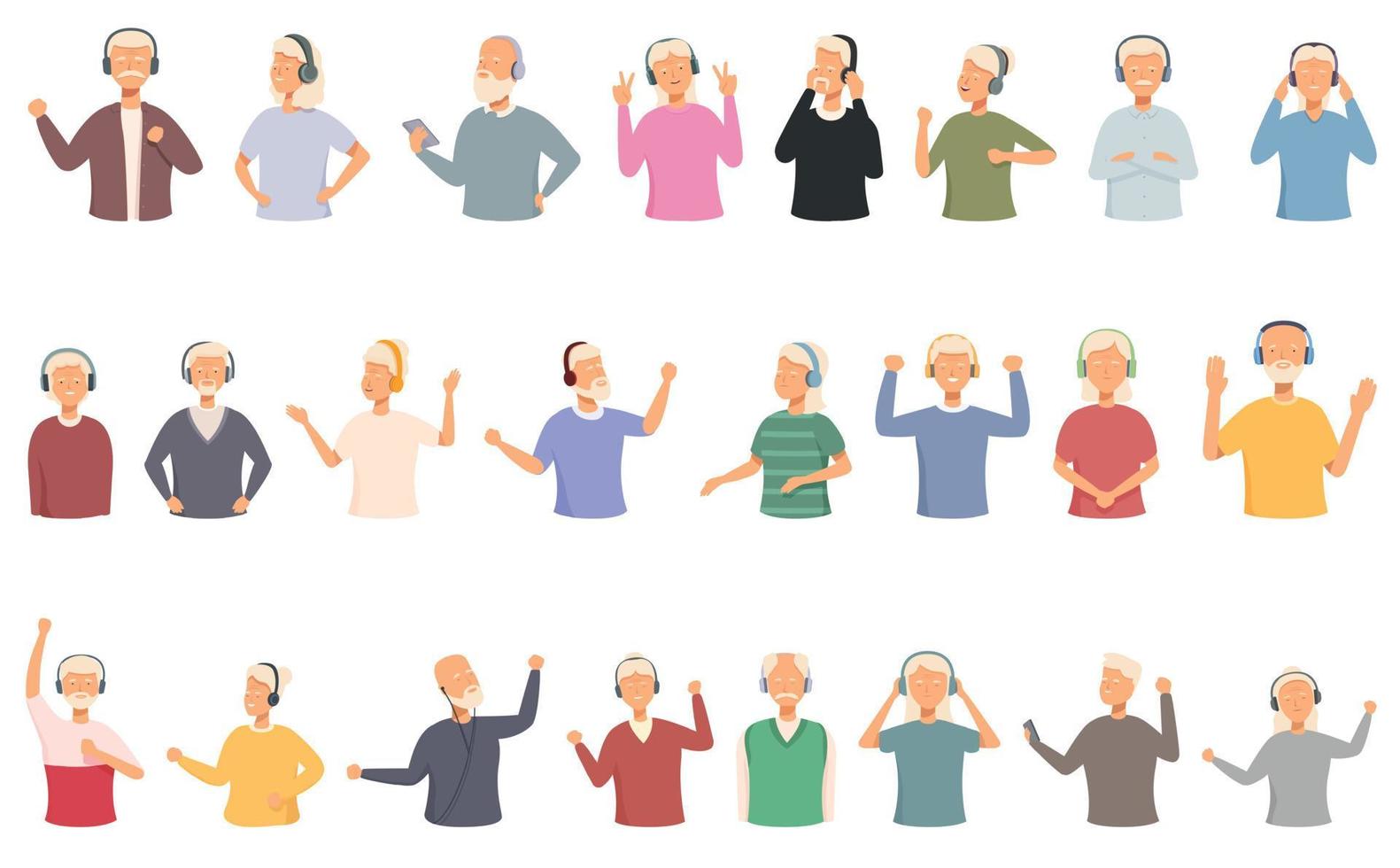 Old people listen to music icons set cartoon vector. Funny retiree vector