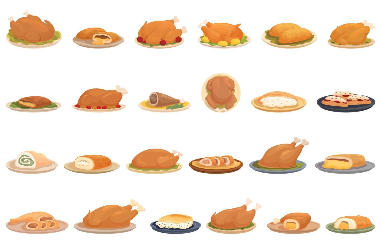 Stuffed chicken icons set cartoon vector. Roast duck vector