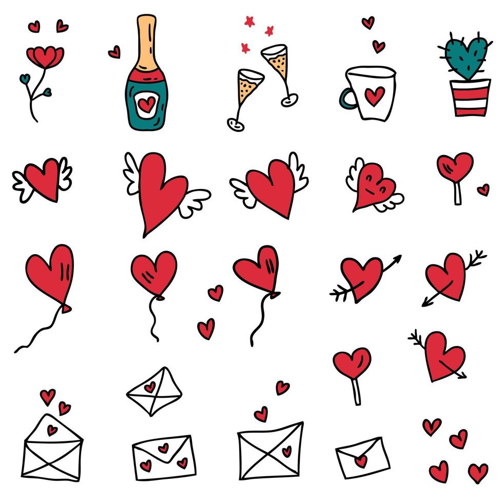 Hand drawn Valentine elements collection in simple doodle style. Perfect design for any purposes. vector