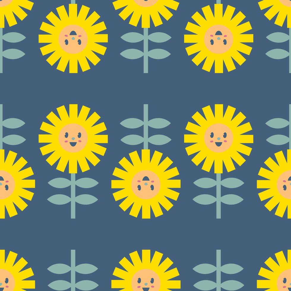 Cute sunflowers with smiling faces seamless pattern. Summer print for tee, paper, fabric, textile. vector