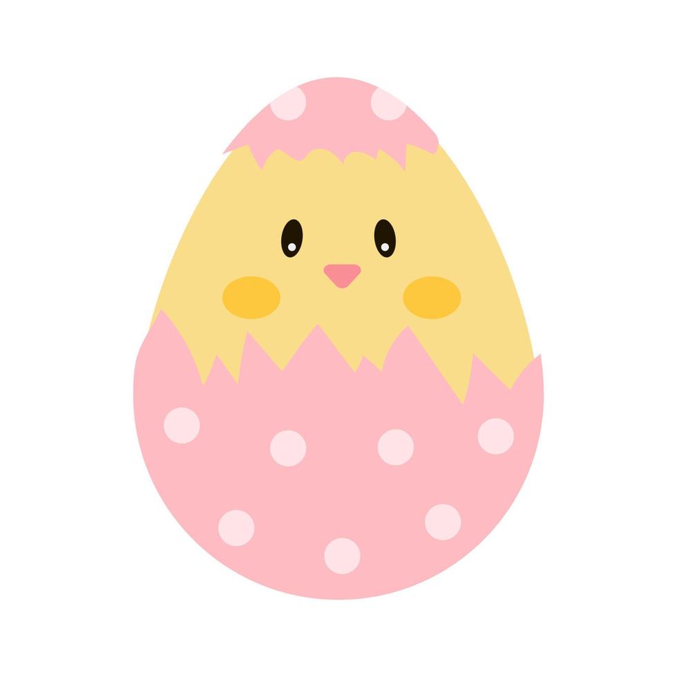Easter chick in shell, egg shaped on white background. Design for greeting cards and stickers and other decor for celebration. Cartoon holiday vector illustration