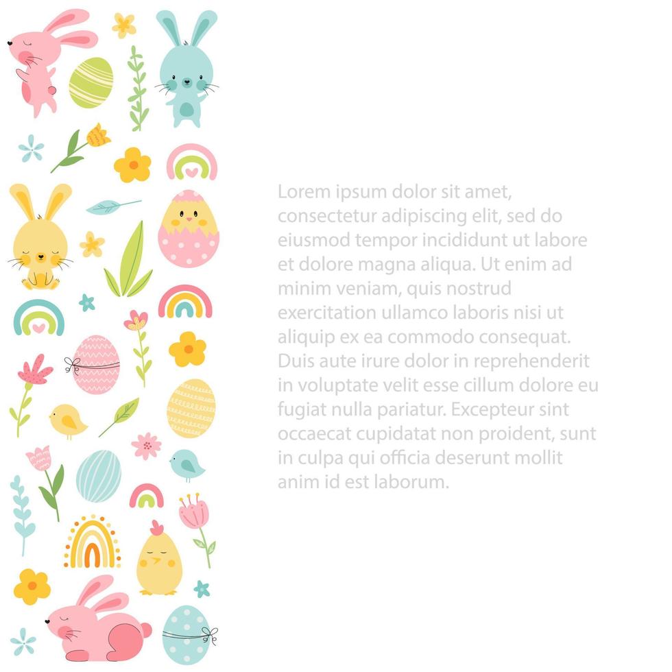 Cute happy easter background with bunny and eggs, rainbow, flowers, chick. Empty space for your text. Decorative colored easter eggs, rabbits. Cartoon holiday vector background
