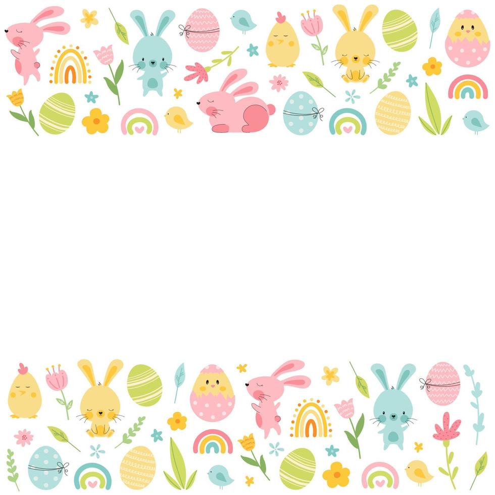 Cute happy easter background with bunny and eggs, rainbow, flowers, chick. Empty space for your text. Decorative colored easter eggs, rabbits. Cartoon holiday vector background