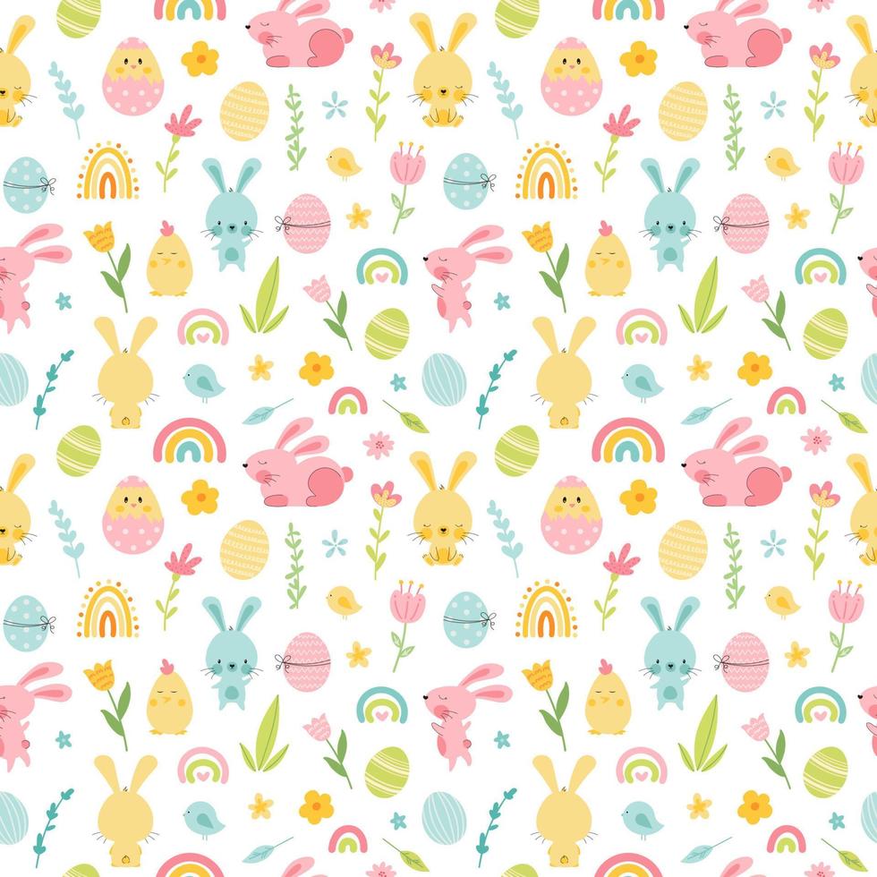 Cute seamless pattern with easter bunny and eggs, rainbow, flowers, chick. Easter doodle background, great for textiles, banners, wallpapers, wrapping - vector design