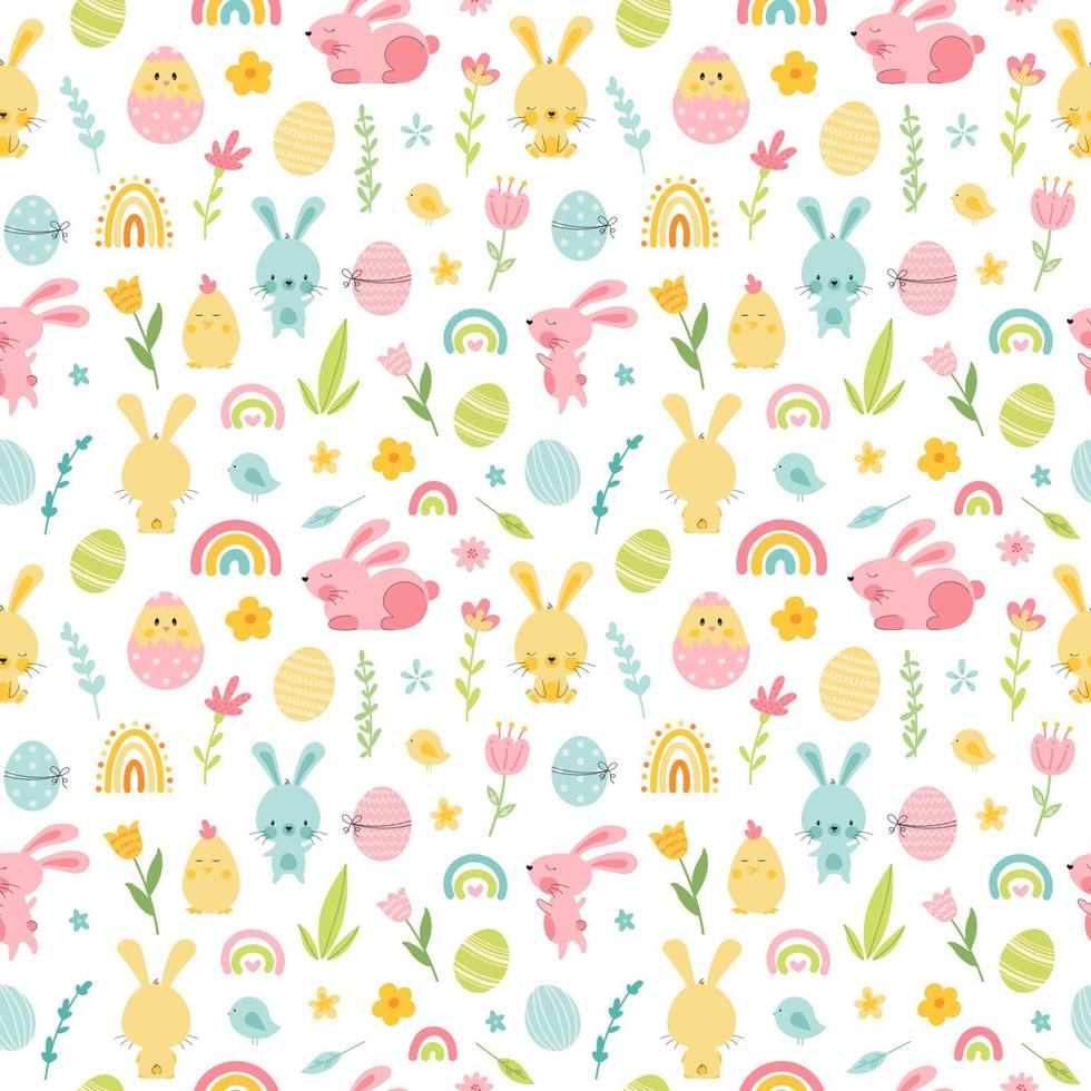 Cute seamless pattern with easter bunny and eggs, rainbow, flowers, chick. Easter doodle background, great for textiles, banners, wallpapers, wrapping - vector design