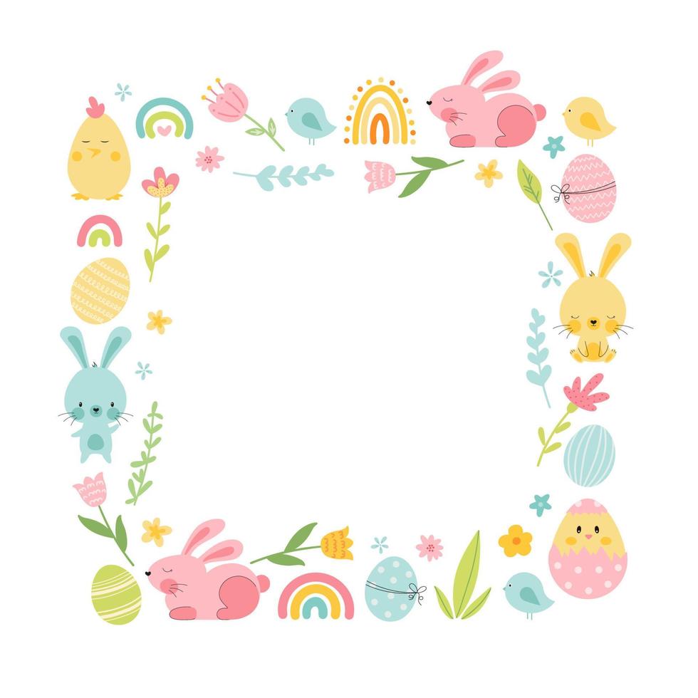 Cute happy easter frame with bunny and eggs, rainbow, flowers, chick. Decorative colored easter eggs, rabbits. Empty space for your text. Cartoon holiday vector background