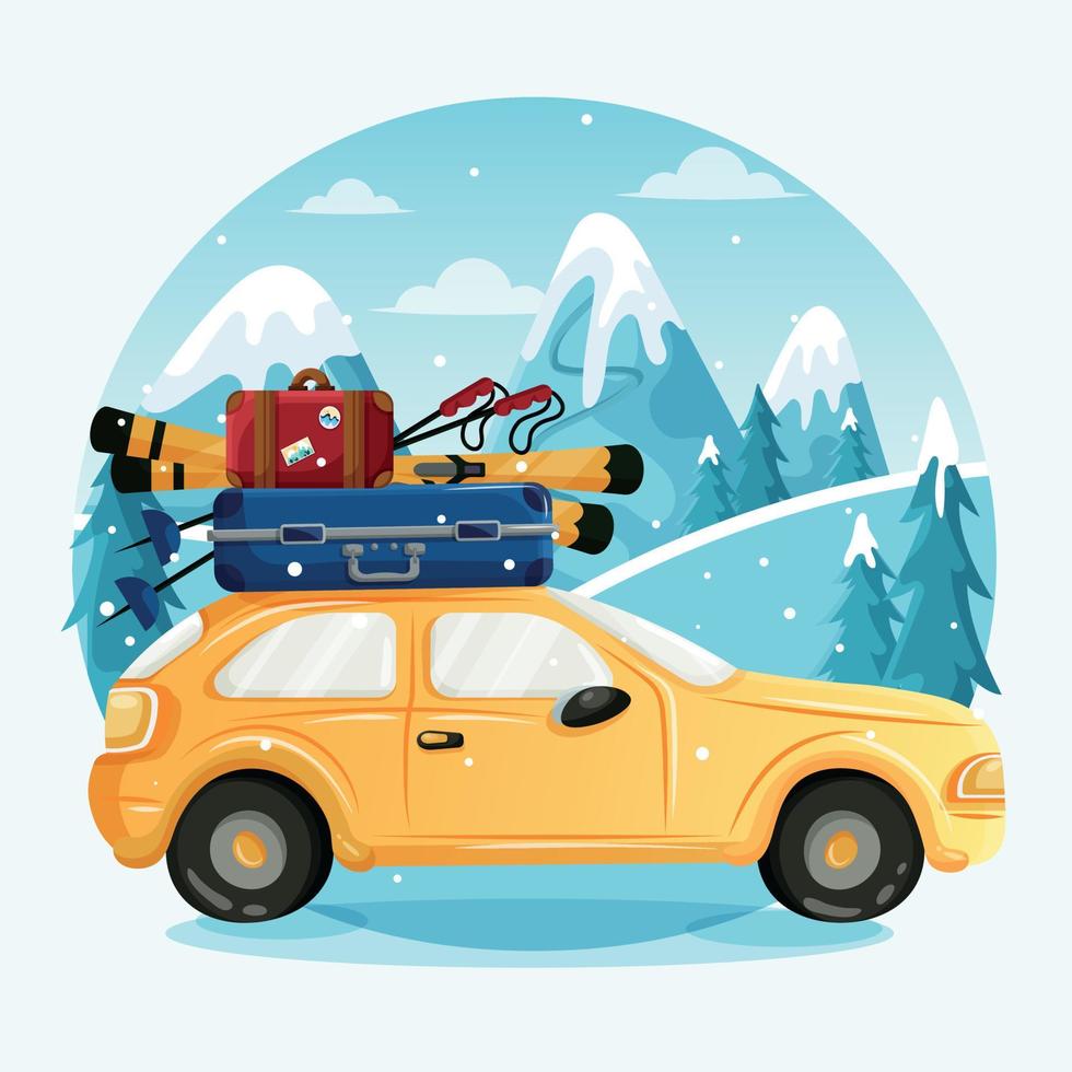 A modern yellow car with two multi-colored suitcases and skis on the roof against the backdrop of a winter landscape. Car on the background of the mountains. Road trip postcard vector