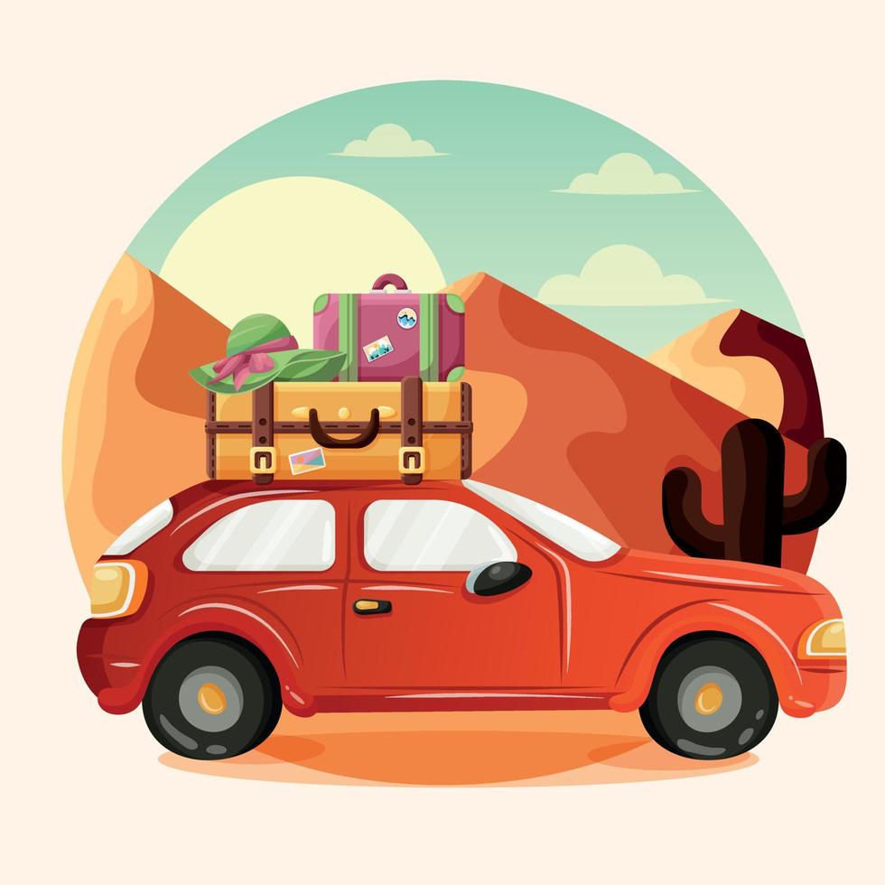 A modern red car with two multi-colored suitcases and hat on the roof against the backdrop of a desert landscape. Car on the background of the mountains. Road trip postcard vector