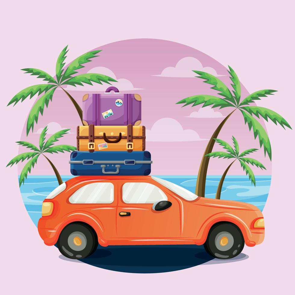 A modern orange car with three multi-colored suitcases on the roof against the backdrop of a summer sunset. Car on the background of the sea and palm trees with a pink background. Road trip postcard vector