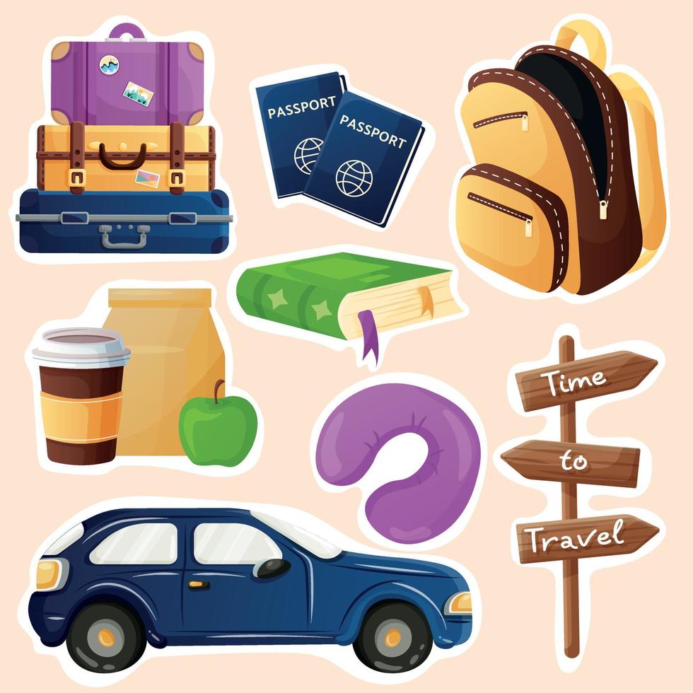 A large travel set with a blue car, three different suitcases, a backpack, passports, a book, a sleeping pillow, a sign with an inscription and travel food. Travel kit for tourist. Time to travel vector