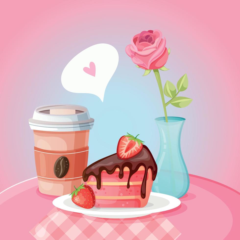 Romantic breakfast with coffee in a paper cup, strawberry cake with chocolate on the plate and pink rose in a vase on a table with pink tablecloth vector