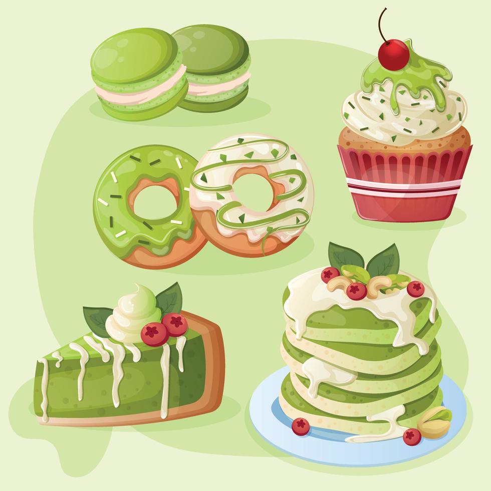 Set with pistachio sweets. Donuts, green macarons, green cupcake with cream, syrup and cherry, a piece of cake with cream and berries, pancakes with cashews, pistachios and syrup vector