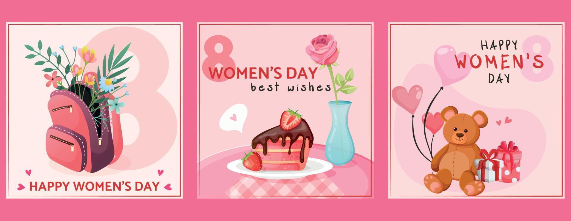 Set of three greeting cards for March 8. Postcards for World Women's Day. Cute pink postal with a backpack and flowers inside. Card with a cake and a rose in a vase. Card with teddy bear and gifts vector