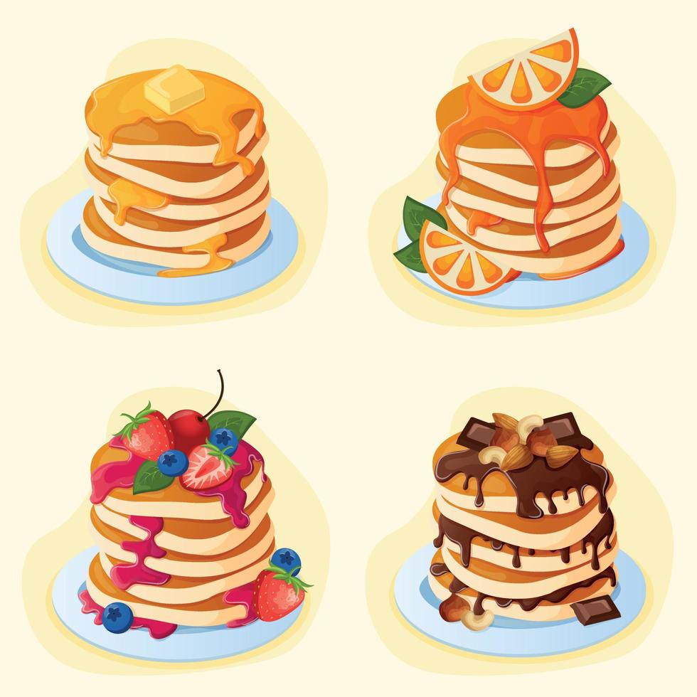 A set of sweet pancakes of different flavors on plates with honey and butter, with orange, with berries and sauce, with chocolate syrup and nuts. Pancakes for the bakery menu vector