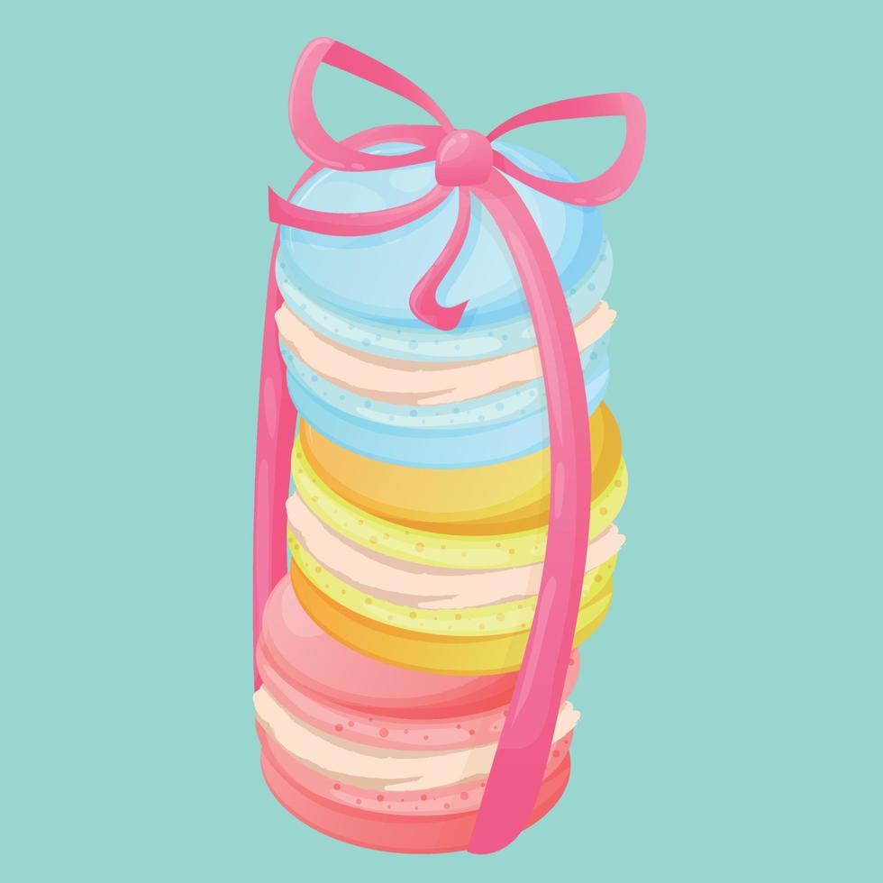 Cute stack of macaroons with a pink bow. Blue, yellow and pink macaroons. Postcard for confectionery or the pastry chef vector