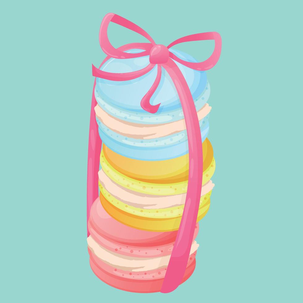 linda apilar de macarrones con un rosado arco. azul, amarillo y rosado macarrones. tarjeta postal para confitería o el Pastelería cocinero vector