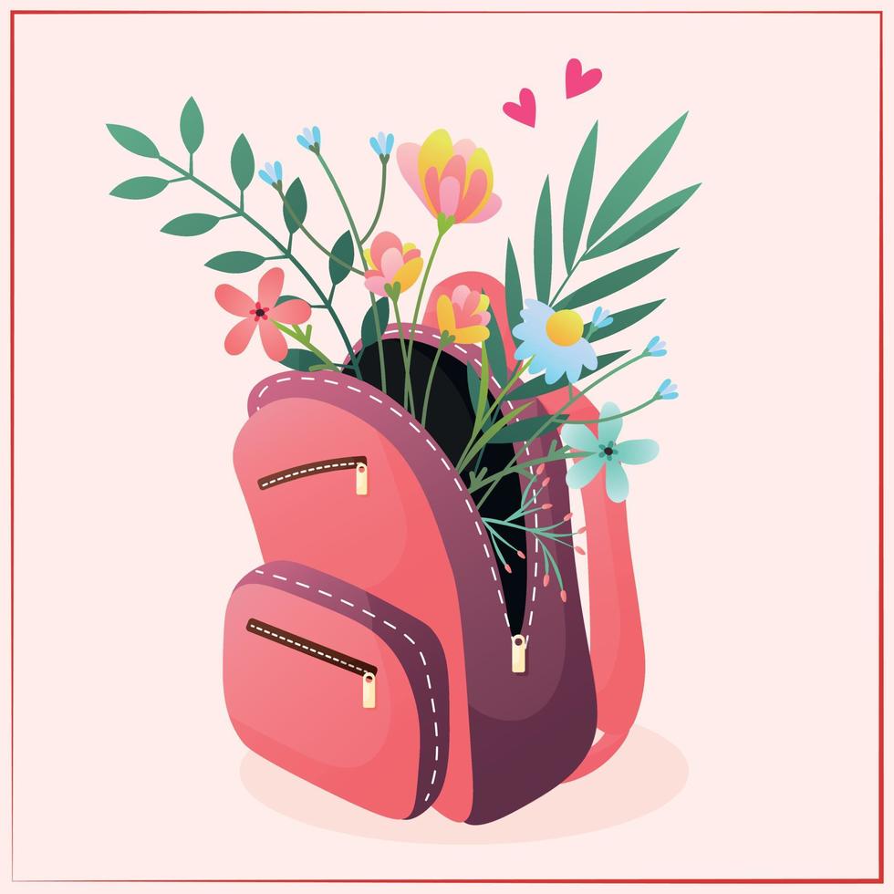 Pink gradient backpack with different spring flowers and leaves inside. Spring square card with flowers. Cute pink card about school and student love. Postcard by March 8 for girls and women vector