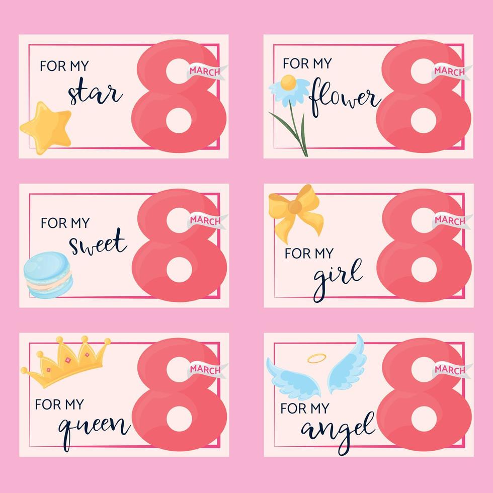 conjunto de saludo tarjetas para marzo 8. postales para mundo De las mujeres día. diseño postales para muchachas y mujer. sencillo postales con figura ocho y dibujos. tarjeta postal para mi estrella, ángel, dulce, flor vector