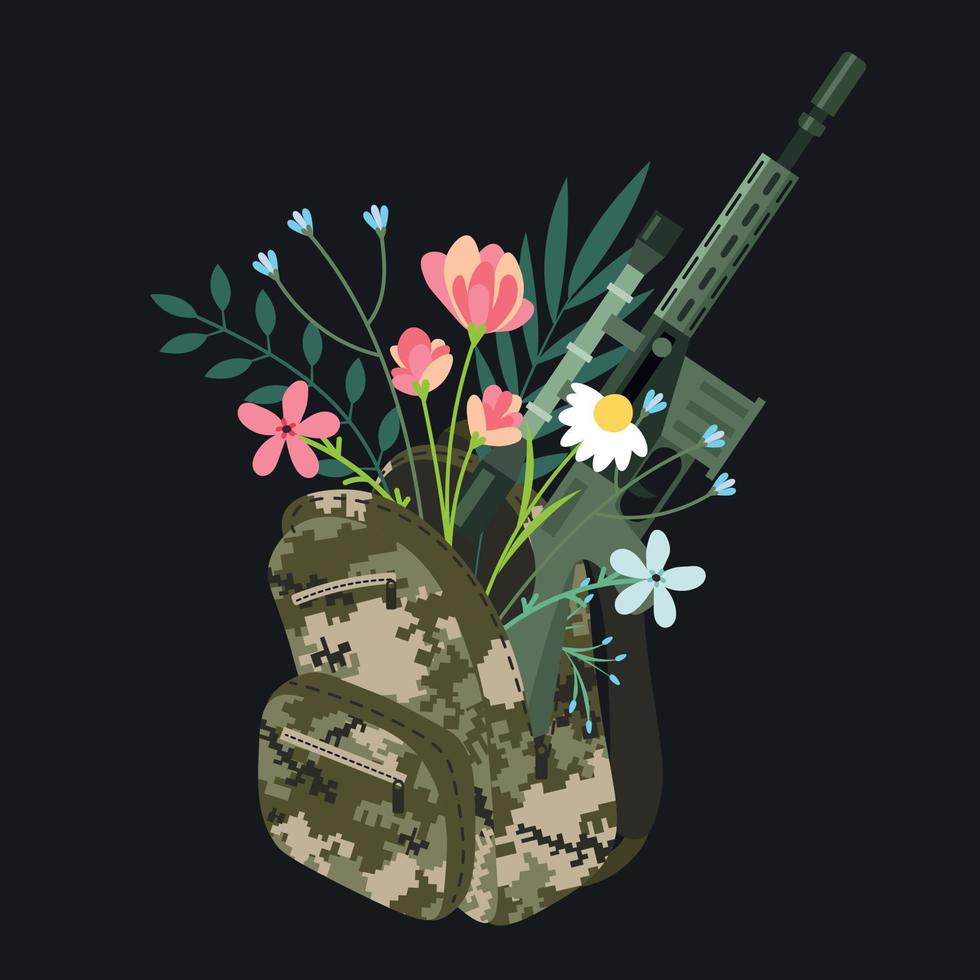 Postcard for March 8. Military backpack camouflage with flowers and weapons. Machine gun and flowers with leaves in a camouflage backpack without a background. Military postcard. Postcard for soldier vector