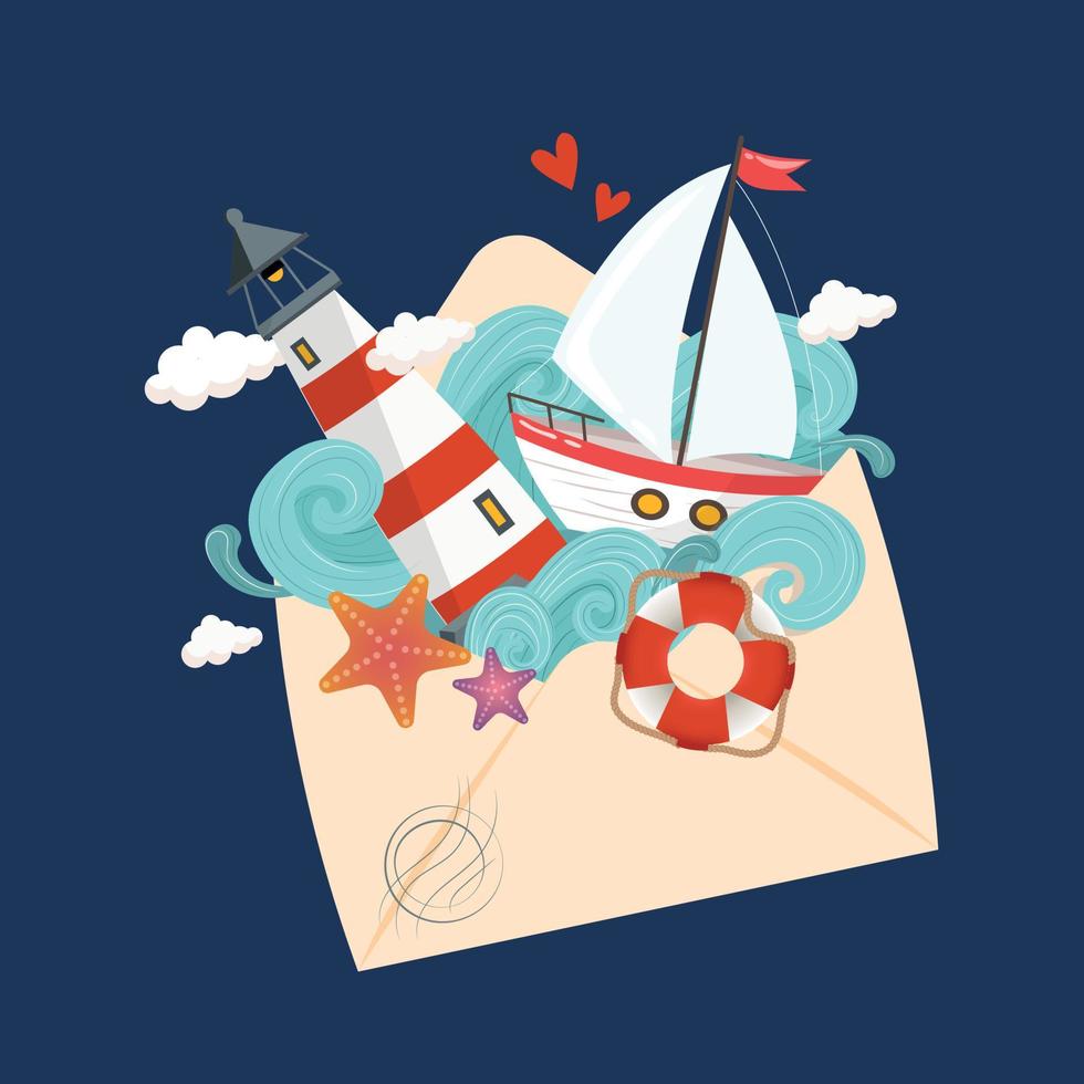 Beige envelope with blue sea, boat with white sails, red and white lighthouse, starfish, lifebuoy, clouds and hearts. Postcard for March 8 from a sailor. Maritime romance vector