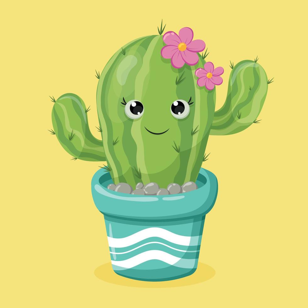 Green cute cartoon cactus in a blue pot with pink flowers, a smile and eyes with yellow background. Happy plant vector