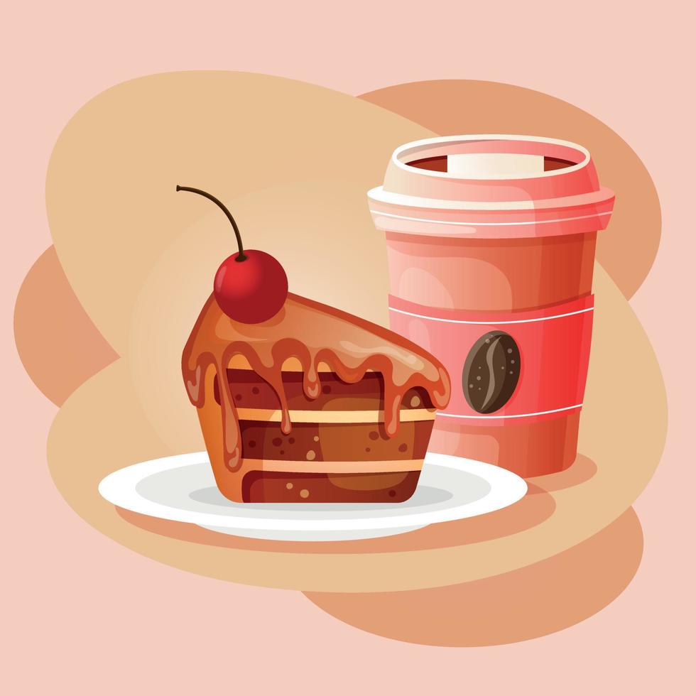 Piece of cake with caramel and cherry on the plate with paper cup of coffee. Cake and coffee on beige background. Poster for coffee house vector