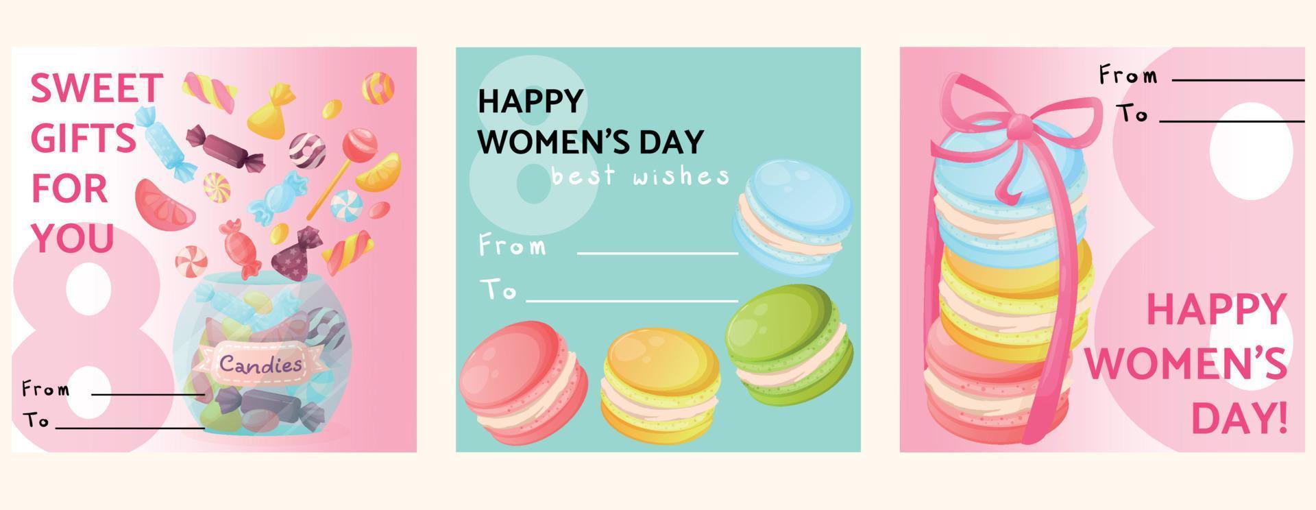 Set of three greeting cards for March 8. Postcards for World Women's Day. Card with sweets and macaroons. Gentle pink and turquoise cards for girls. Postcards from to with line vector