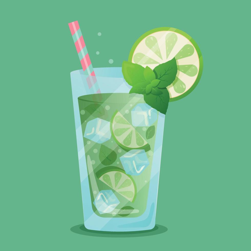 Mojito cocktail in a glass with a straw and with lime, mint leaves, ice and bubbles. Summer poster with mojito on green background. Non-alcoholic summer cocktail in a glass vector