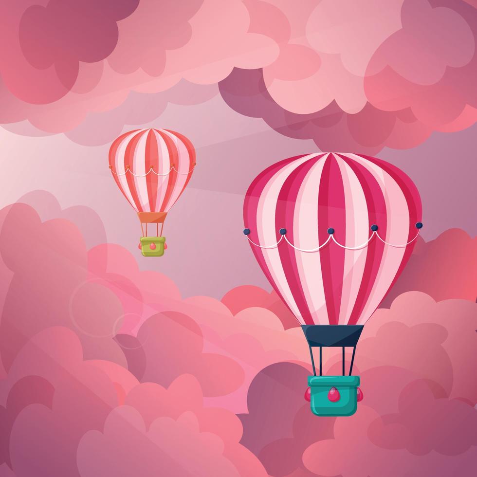 Air balloons on the background of pink clouds. Dawn in pink clouds. Beautiful pink background for a postcard vector